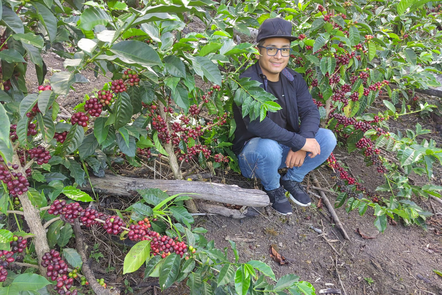 Kevin Guerrero with his coffee at La Esmeralda in Cajamarca, Peru
