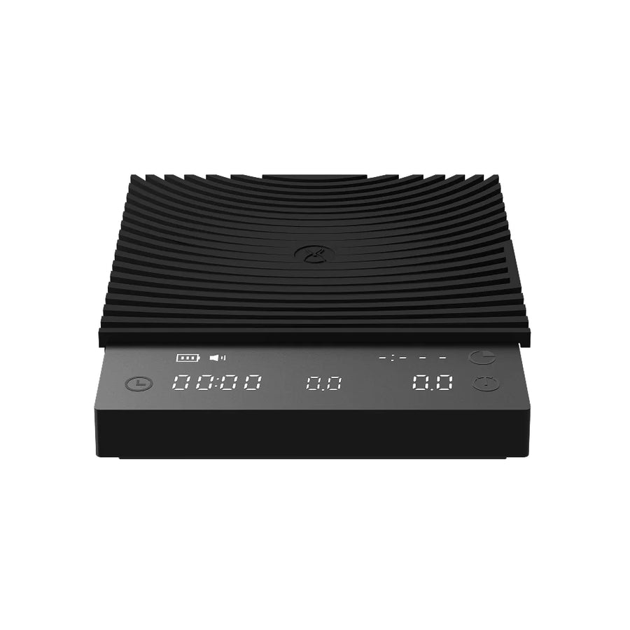 Front view of Timemore Black Mirror Basic 3.0 coffee scale with wrap-around silicone mat and illuminated LED interface