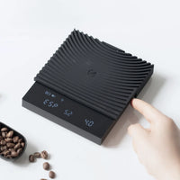 Timemore Basic 3.0 coffee scale in Espresso Mode showing shot weight and timer readout with coffee beans alongside