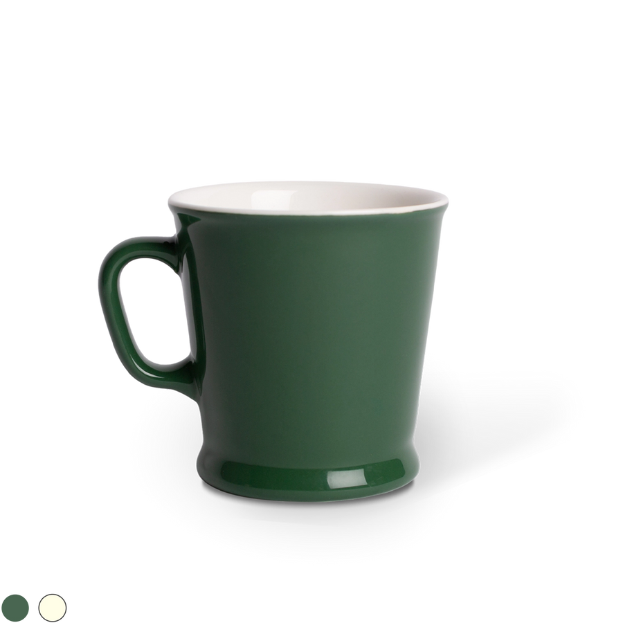 Acme Union Mug 230ml in Kawakawa green porcelain, handmade in Wellington, New Zealand, shown with available colour swatches