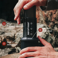 AeroPress Go Travel Brewer brewing coffee in the wild with annotations