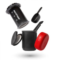AeroPress Go Travel Brewer - Accessories Exploded View (Scoop, Travel Filters, Cup, Stirrer, Silicone Cap)