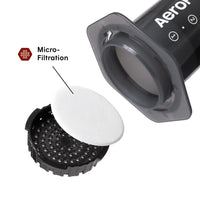 AeroPress brewer featuring paper micro-filtration filters and a plastic filter cap