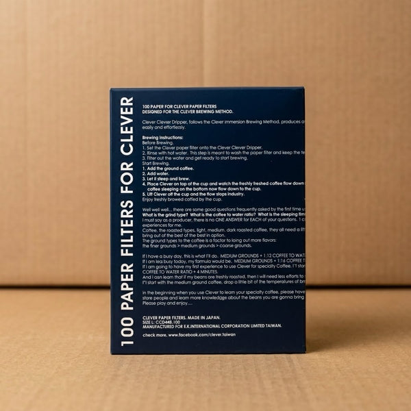 Clever Dripper Filter Papers - blue box against a cardboard background