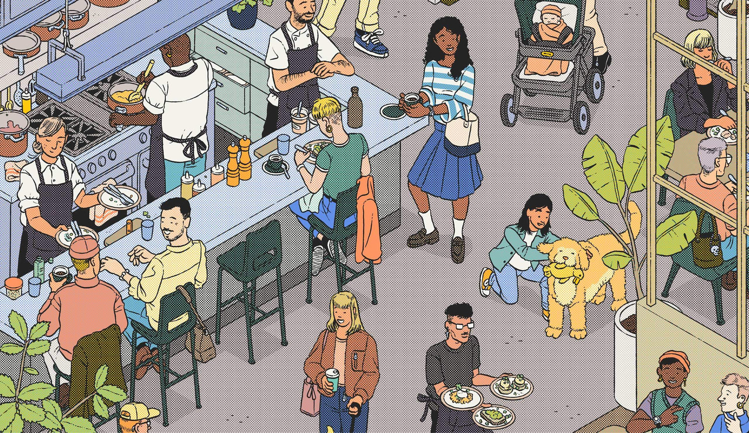 Illustration by Ilya Milstein of Ozone Coffee Roasters eatery – staff serving seasonal brunch dishes to guests at a café table