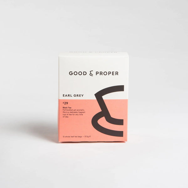 Good & Proper Earl Grey Tea 15-bag box, black and pink packaging.