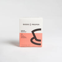 Good & Proper English Breakfast Tea box packaging in pink and black.