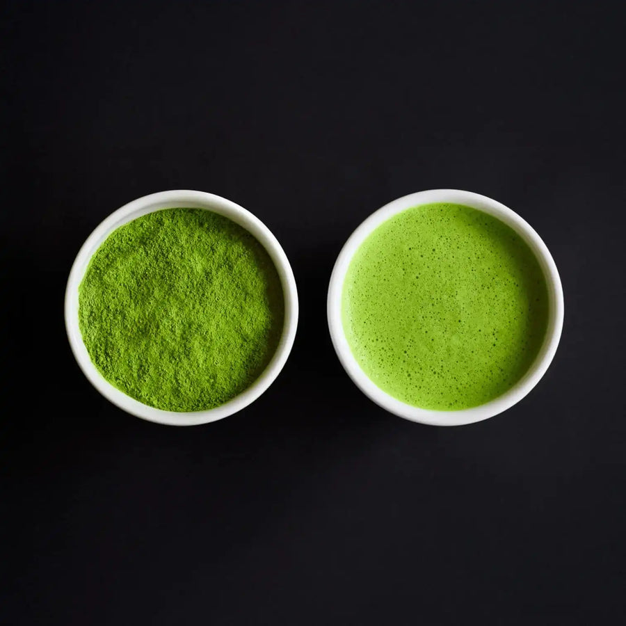 Good & Proper House Matcha powder alongside a whisked bowl of prepared matcha.
