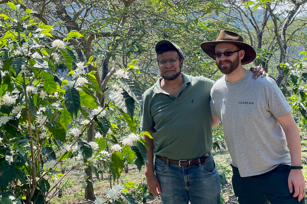 Francisco Flores and Hasbean Green Buyer Roland Glew at El Bosque in Amatitlán, GuatemalaEdit alt text