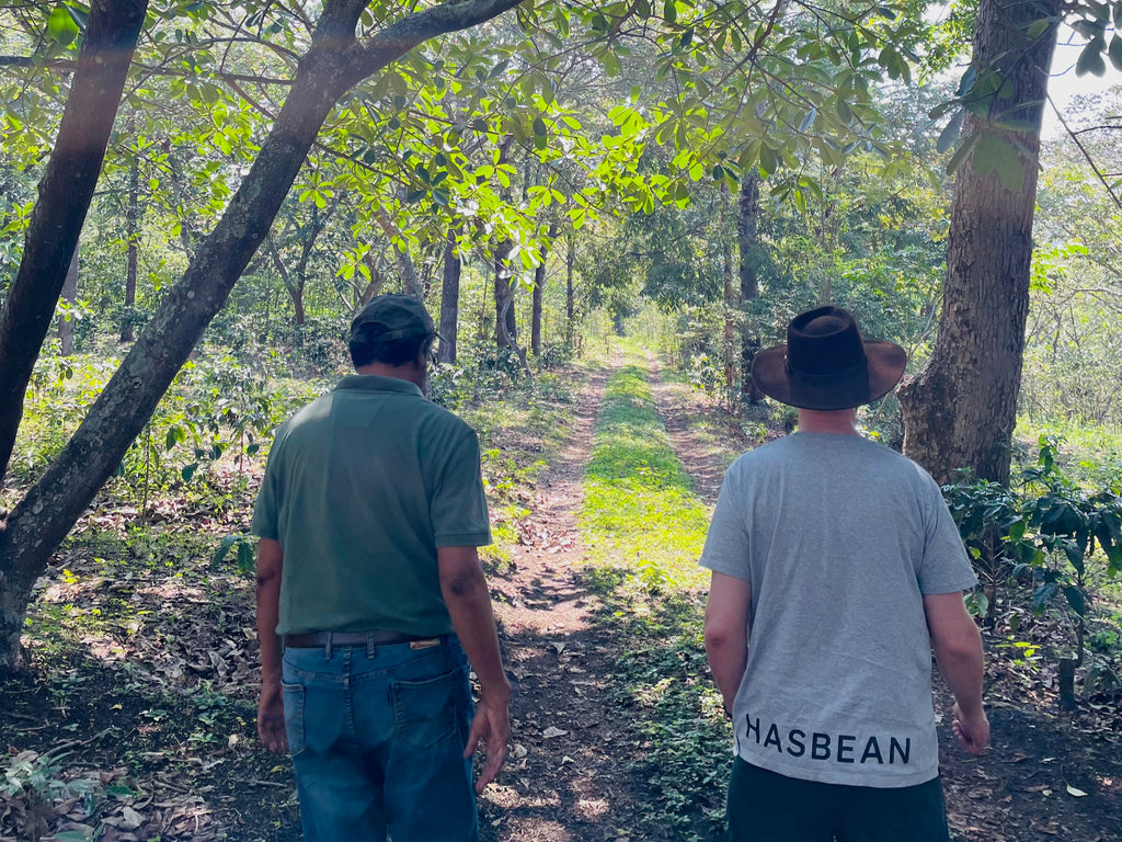 Francisco Flores and Hasbean Green Buyer Roland Glew walking together at El Bosque in Amatitlán, Guatemala