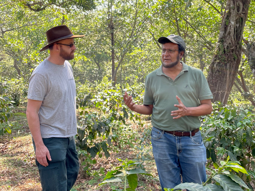 Hasbean Green Buyer Roland Glew talking with Francisco Flores at El Bosque in Amatitlán, Guatemala