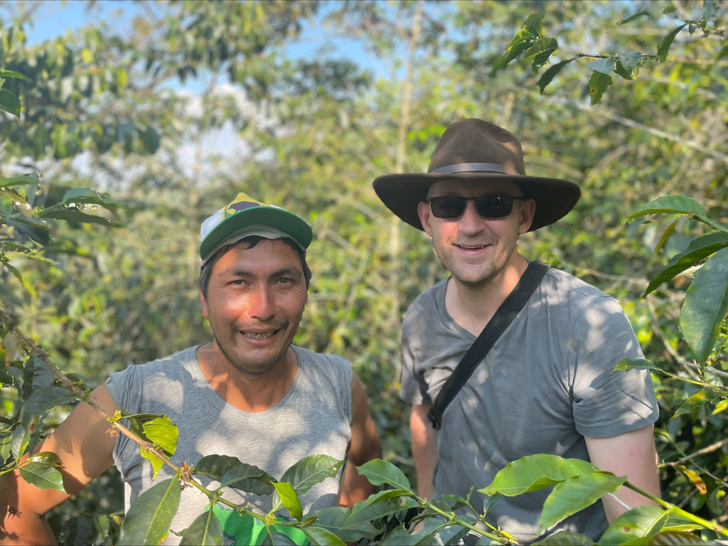 Eyner Saldivar and Hasbean Green Buyer Roland Glew at El Cedro in Jaen, Peru