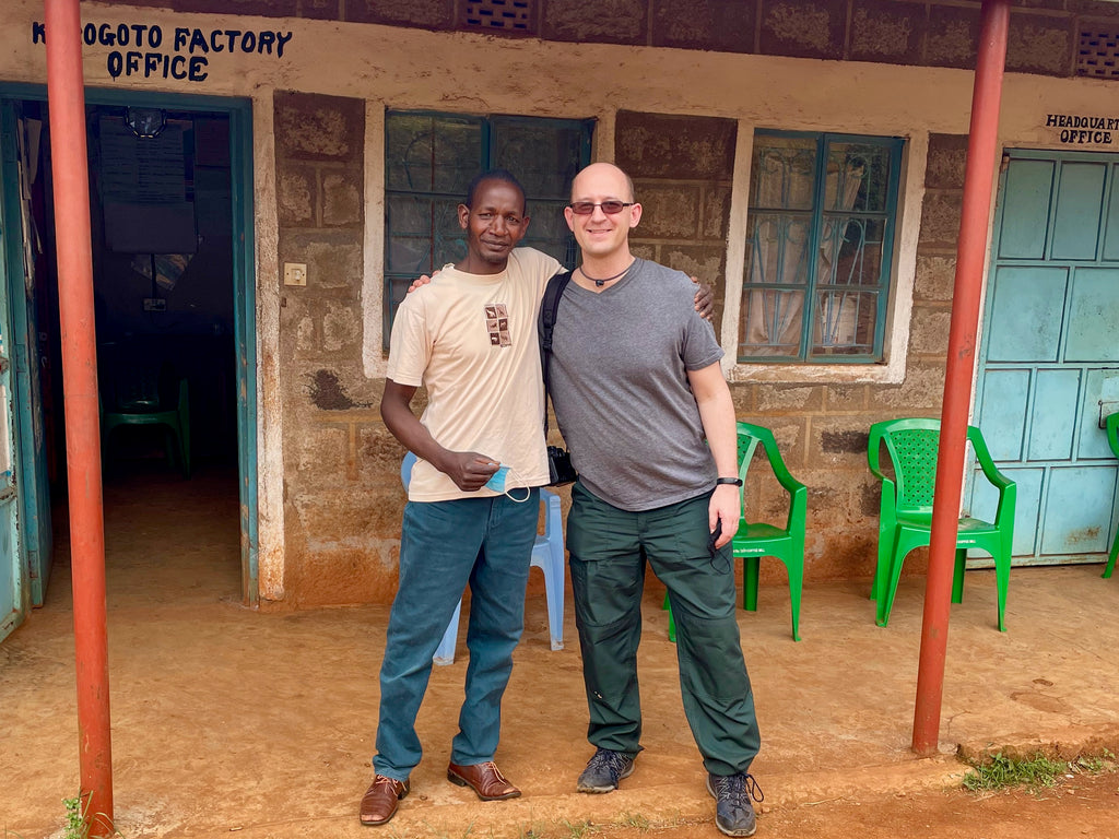 Mill Manager Ephraim Maina Muthee and OCR Green Buyer Roland Glew outside the Karogoto Factory Office in Nyeri, Kenya