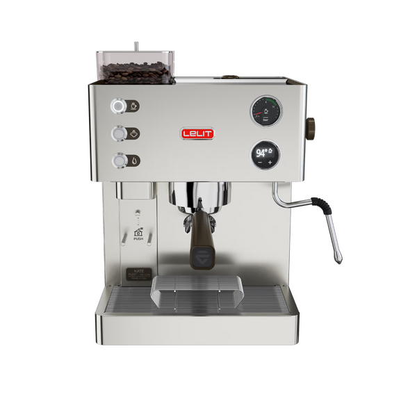 Lelit Kate PL82T all-in-one espresso machine with integrated grinder, brushed stainless steel