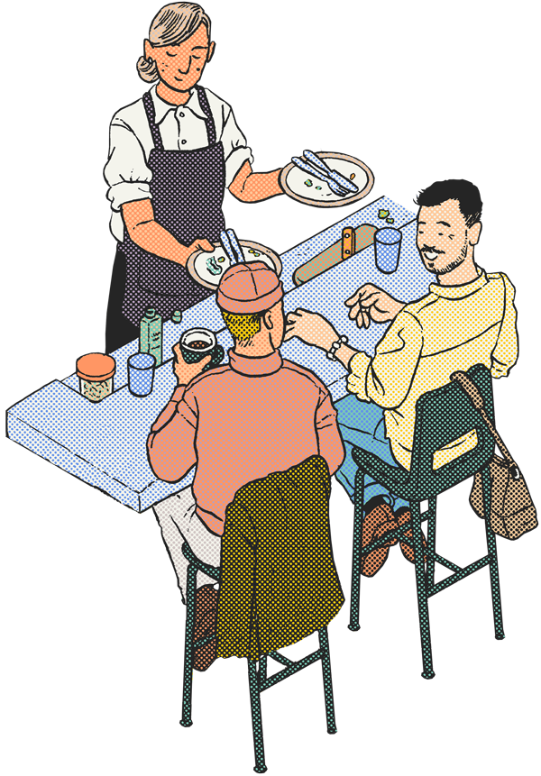 Ozone Coffee – brunch service at a table with coffee, seasonal dishes, and drinks