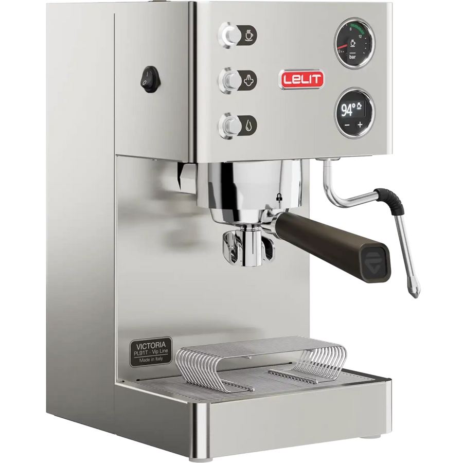 Lelit Victoria PL91T espresso machine three-quarter view showing LCC display