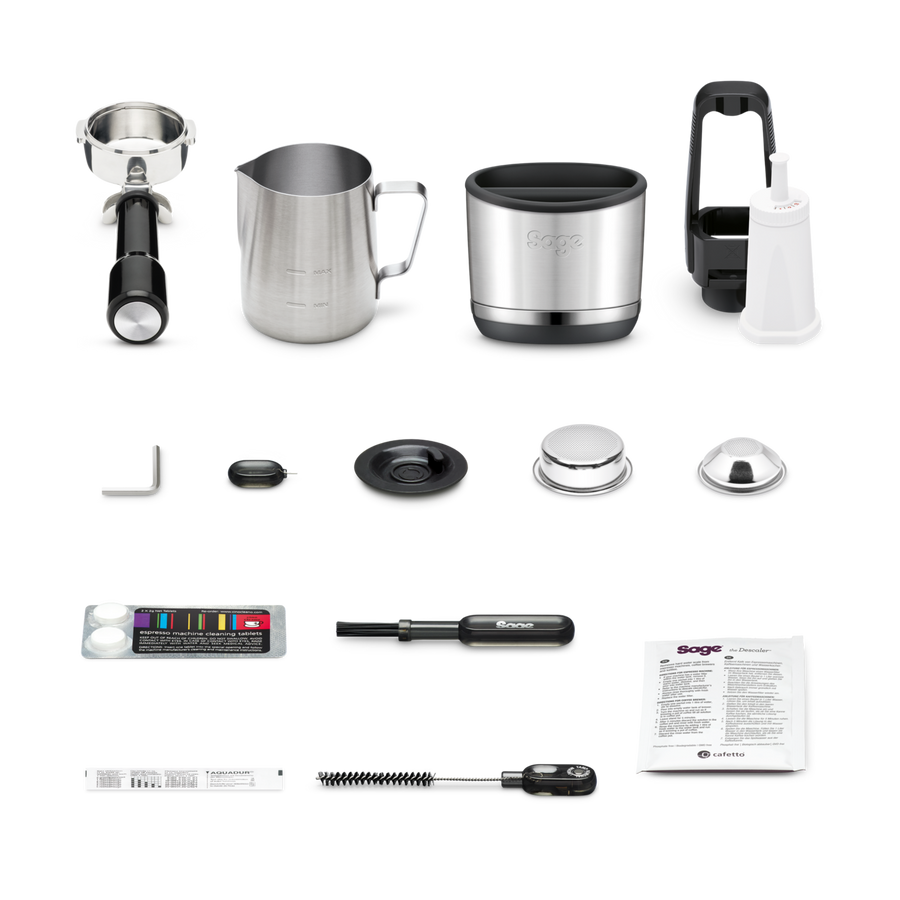 Sage BES985 Oracle Jet included accessories: portafilter, milk jug, filter baskets, and cleaning kit