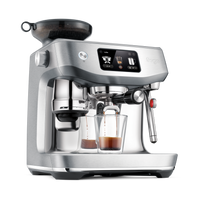 Sage BES985 Oracle Jet espresso machine front view with touchscreen interface pilling espresso shots with crema