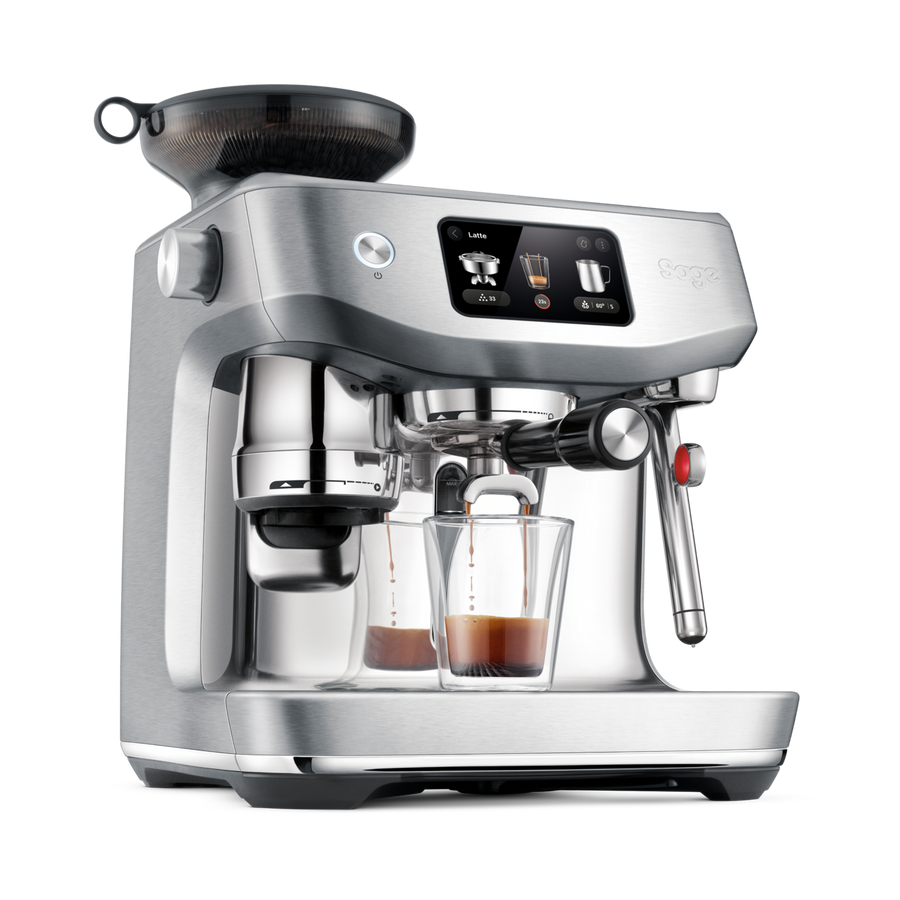 Sage BES985 Oracle Jet espresso machine front view with touchscreen interface pilling espresso shots with crema