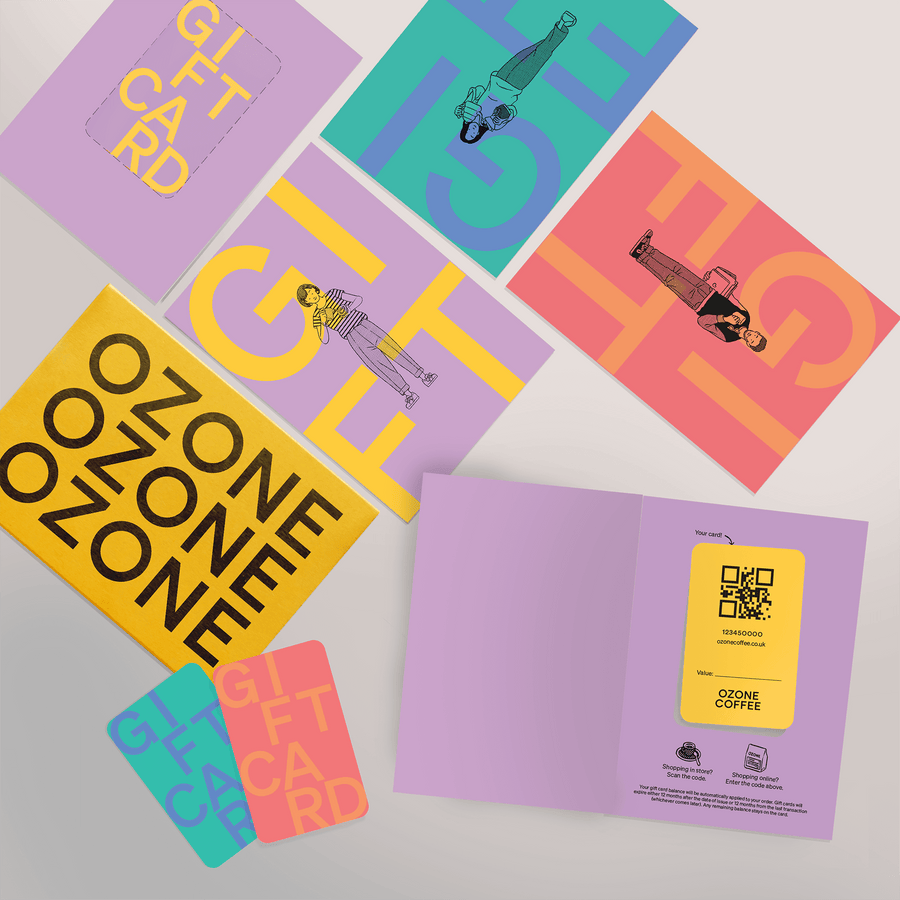 Ozone coffee gift cards flat lay showing multiple colour options