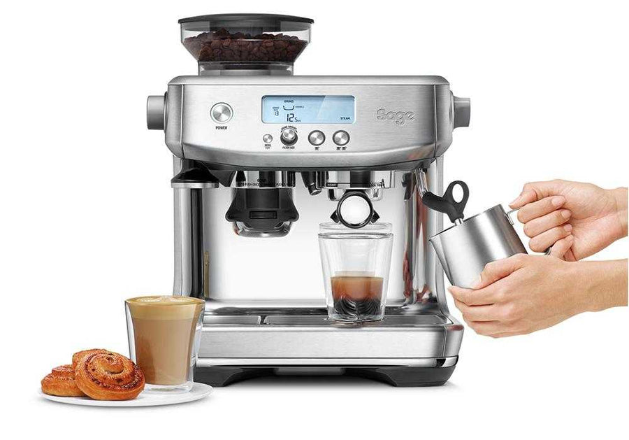 Sage Barista Pro SES878 espresso machine side view showing steam wand and LCD display